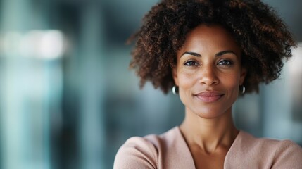 A woman wearing peach attire with her arms crossed, looking confidently at the camera and softly smiling. The background is softly blurred for depth.