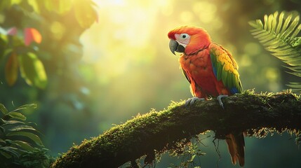 Poster -   A parrot perched on a tree branch in a sunlit forest with leaves in the background