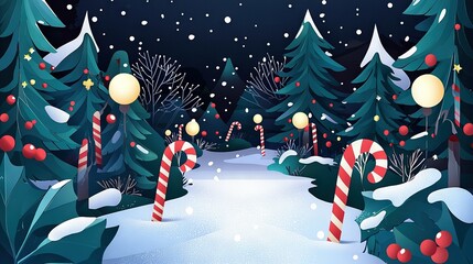 Sticker -   A snowy Christmas scene with candy canes in the foreground and trees in the background