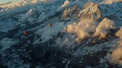 Canvas Print -   A group of hot air balloons flying in the sky above mountains blanketed by clouds and snow