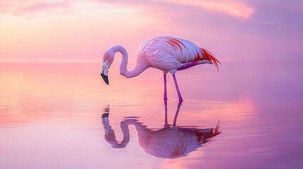 Poster -   A flamingo submerged in the water, its head and legs both beneath the surface