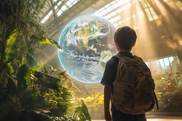 A young boy with a backpack stands in a sunlit room, gazing at a large digital display of Earth, surrounded by greenery and nature-inspired elements