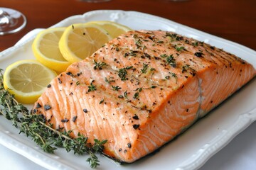 Grilled salmon fillet with lemon and herbs
