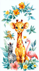 Wall Mural - Cute giraffe with zebra, leopard, and flamingo.