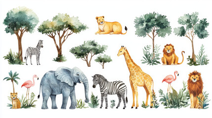 Wall Mural - Watercolor illustration of safari animals.