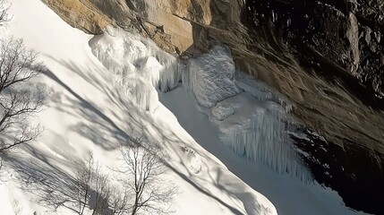 Sticker -   Snow-covered mountain with ice and trees in foreground viewed from above