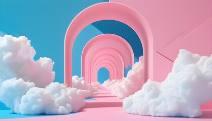 Dreamy minimalist composition of pink background featuring cloud and tunnel shapes with floating blue and white clouds amidst geometric elements