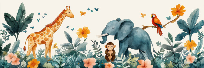 Wall Mural - Cute watercolor jungle animals with vibrant colors.