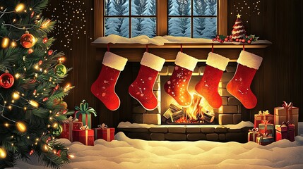 Poster -   A Christmas scene featuring stockings hung from a fireplace and a tree positioned in front of a lit fireplace through a window