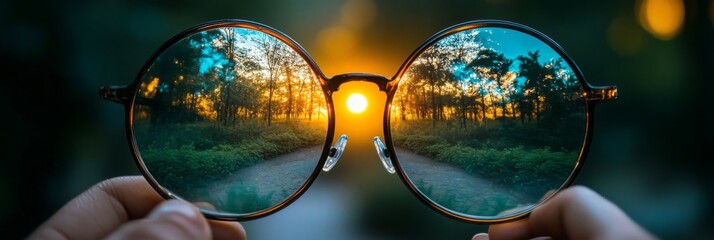 Focused perspective through a pair of eyeglasses. Clear vision through glasses