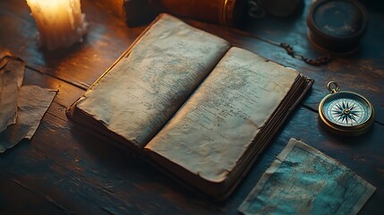 Open antique book with map, compass, candle, and papers on wooden table.