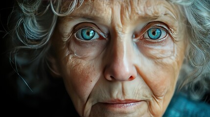 Poster -   A photo of a woman's face in detail, showcasing her blue eyes and creases on her forehead and cheeks