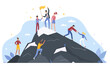 © Flash Vector - Vector illustration of a team helping each other climb a mountain peak, reaching the top with award trophy flag. Represents teamwork, achievement, and leadership in overcoming challenges.