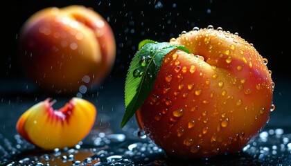 juicy peach washed by water droplets on a black background close-up