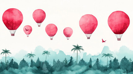 Poster - A watercolor painting of hot air balloons flying over a forest.