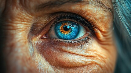 Sticker -   A close-up of a person's eye with a blue and yellow iris at its center is captured in the image