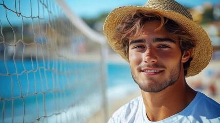 Portrait of handsome young man in white t-shirt and straw hat smiling on beach with volleyball net and blue sea background, capturing summer vacation concept in ultra-realistic, high-detail image




