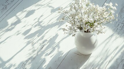 Canvas Print -   A white vase brimming with white blossoms rests atop a white wooden table, adjacent to a bicycle's silhouette