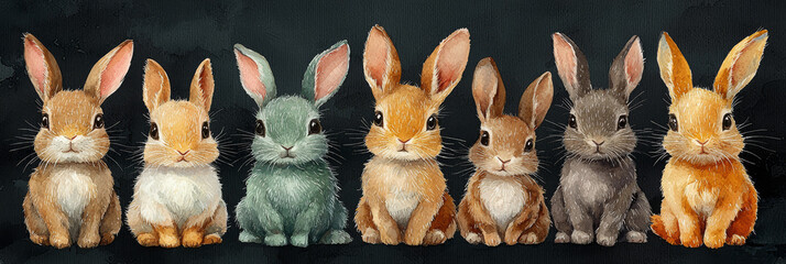 Canvas Print - A row of adorable bunnies, each with unique fur colors, sits on a dark background.