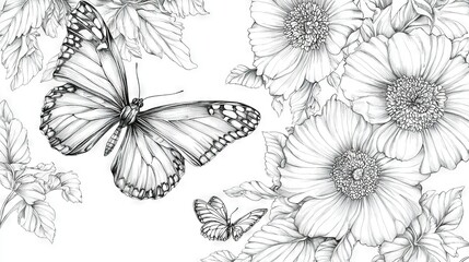 Sticker -   A black-and-white image of a butterfly on a flower, with two butterflies at the center