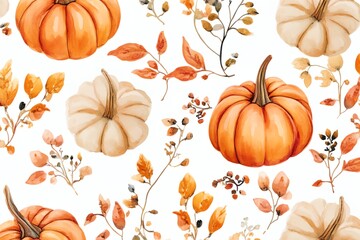 Wall Mural - A watercolor painting of pumpkins and leaves with a fall theme. The pumpkins are of various sizes and are scattered throughout the painting. The leaves are also of different sizes