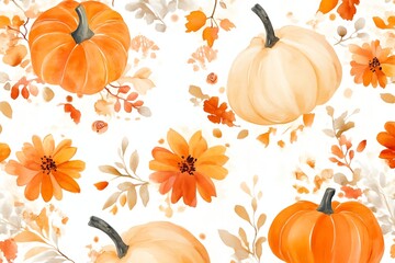 Wall Mural - A painting of pumpkins and flowers with a fall theme. The flowers are orange and yellow, and the pumpkins are orange and white. The painting has a warm and cozy feeling, with the colors