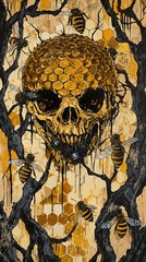 Poster -   A painting of a skull adorned with honeycombs on its head and bees swarming its body