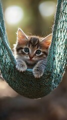 Wall Mural -   A kitten relaxes in a hammock with its paws hanging down and gazing into the lens