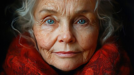 Canvas Print -   Close-up photo of person in red scarf, stern expression on face