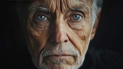 Poster -   A man's face in close-up with a serious expression against a black backdrop