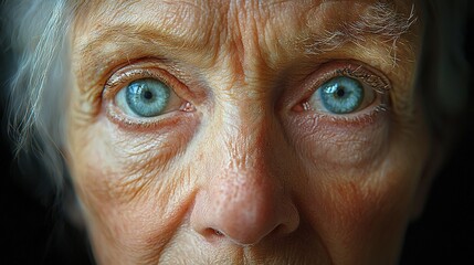 Wall Mural -   A close-up photo of an elderly woman's face, showing blue eyes and wrinkles on her upper face region