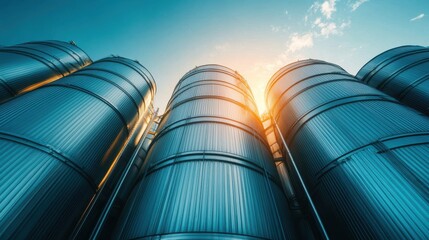 A set of imposing metal silos backlit by a vibrant sunset, the golden sunlight reflecting off their surfaces, capturing the essence of industrial beauty at twilight.