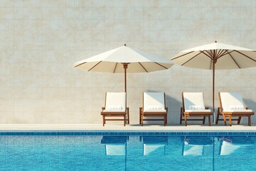 Four loungers under umbrellas by poolside.