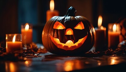 halloween scene, scary pumpkin, candles in the dark, halloween pumpkin