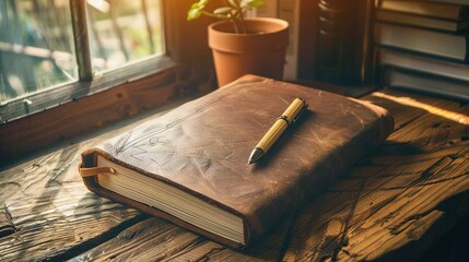   A brown book with a pen on top sits on a wooden table beside a potted plant