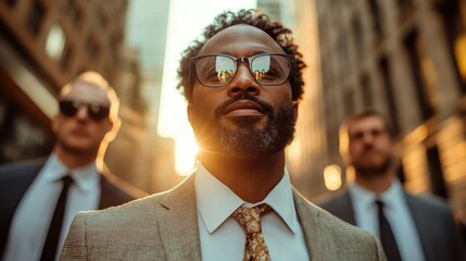 Three men dressed in suits walk down a city street with sunlight casting a golden glow, representing ambition, business, and the dynamic pulse of urban life.