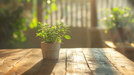 Sticker -   A pot of greenery perches atop wooden furniture, beside another pot of verdure on the same surface