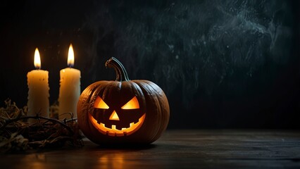 halloween scene, scary pumpkin, candles in the dark, halloween pumpkin