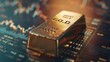 © decorator - Close up of a gold bar on a financial table with dynamic stock market graphs illustrating growth