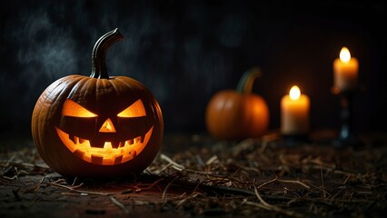 halloween scene, scary pumpkin, candles in the dark, halloween pumpkin