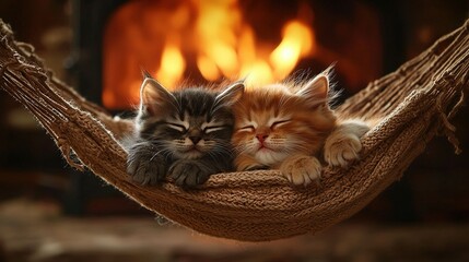 Sticker -   Two kittens sleeping in a hammock with a fire in the background, and a fireplace in the foreground