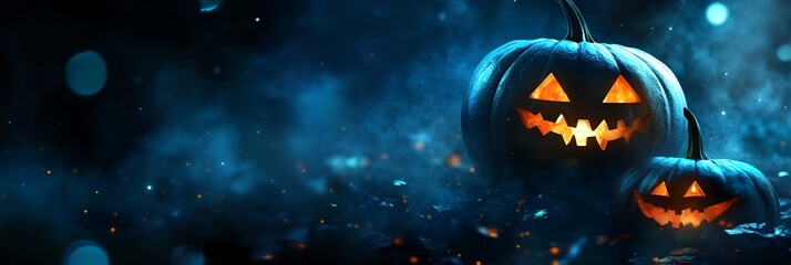 A blue background with two pumpkins on it. The pumpkins are lit up and have big eyes