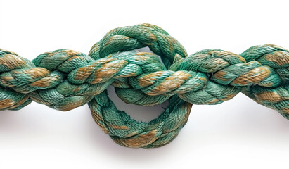 Green rope with a knot, isolated on a white background