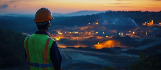 Wall Mural - Construction Worker Overlooking Industrial Site at Sunset with Illuminated Lights and Smoky Background