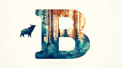 Watercolor illustration of the letter B with a forest scene inside.