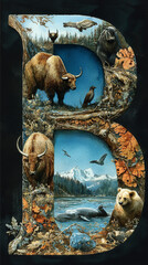 Wall Mural - The letter 'B' is creatively formed by nature scenes, including a yak, bear, and a mountain range.