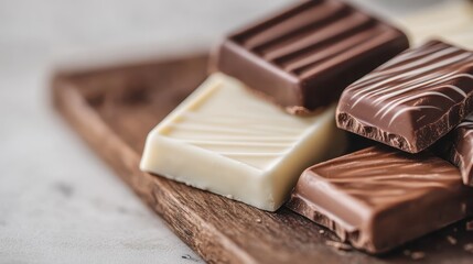 A close-up view of an assortment of chocolate squares, showcasing both dark and white chocolate varieties each decorated with intricate swirling patterns.