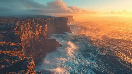 Wall Mural -   An aerial view of a cliff with waves crashing in front of it and the sun setting over the ocean on a cloudy day