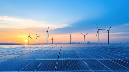 Wall Mural - Renewable Energy Landscape with Solar Panels and Wind Turbines at Sunrise Near Urban Skyline