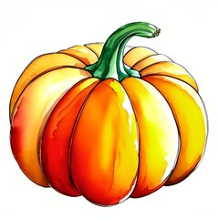 Wall Mural - A watercolor drawing of a pumpkin with a green stem. The pumpkin is orange and yellow, and the stem is green